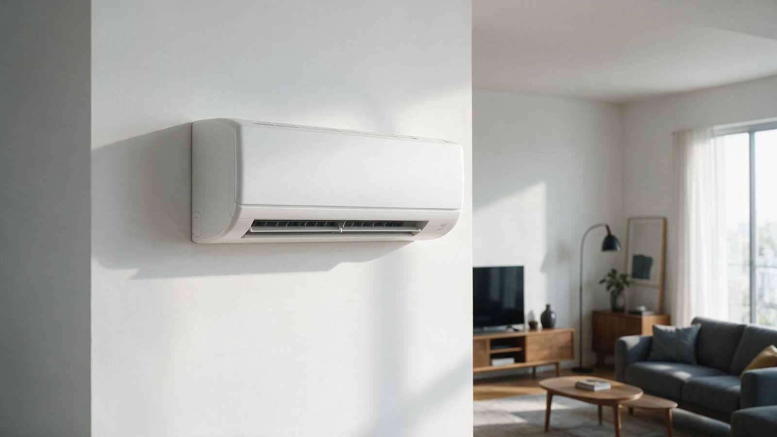 A white wall-mounted air conditioning unit in a modern apartment living room