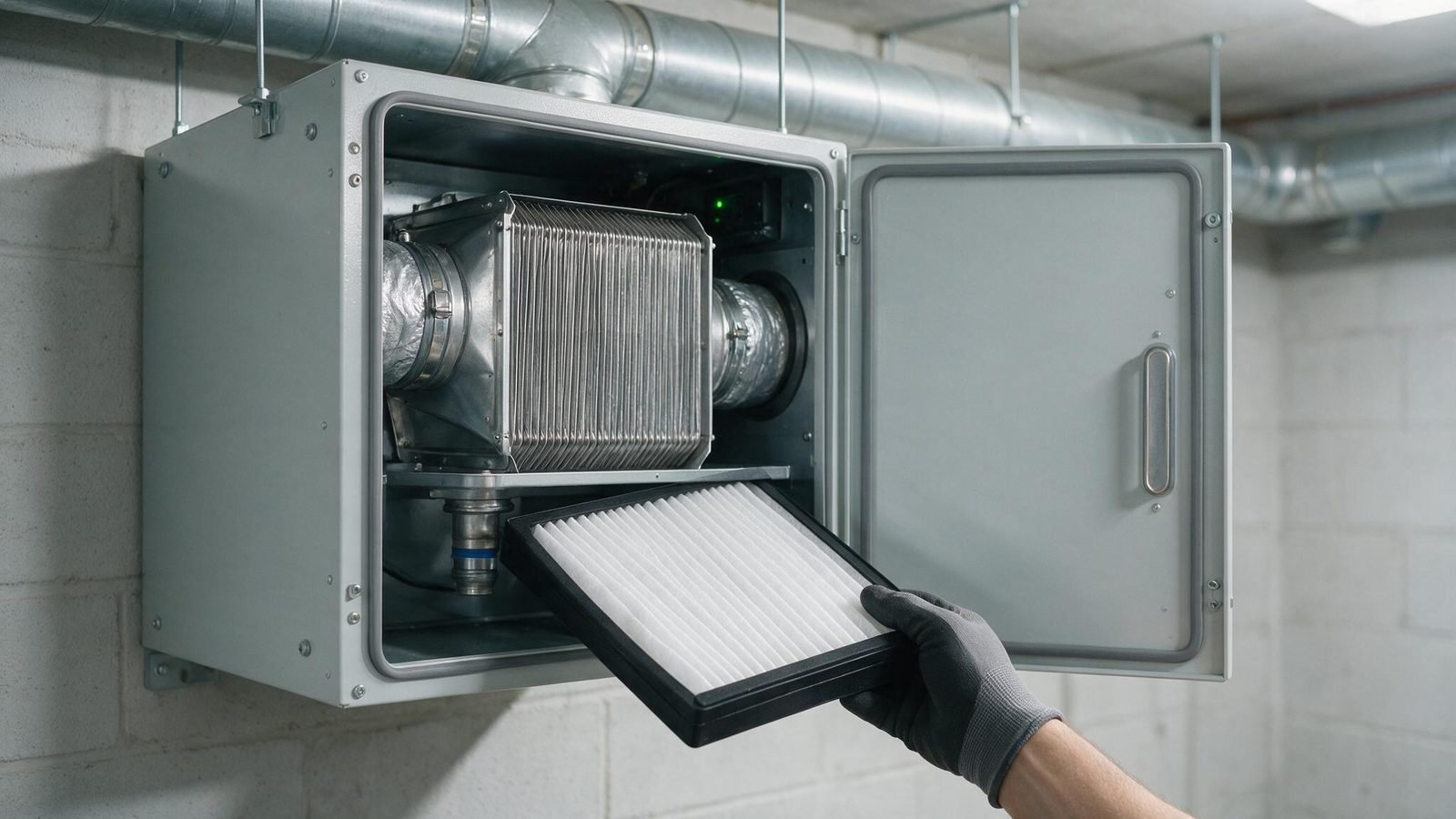 A fresh filter being fitted into an MVHR unit during servicing
