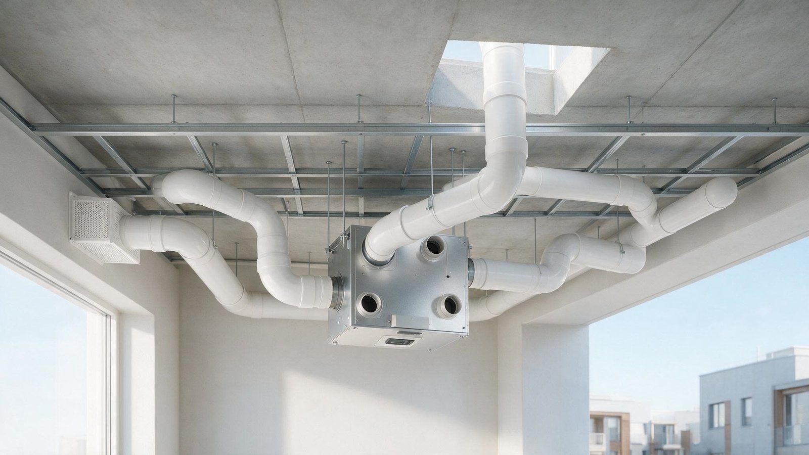 Ventilation ducts and an MVHR unit being installed in an exposed ceiling grid