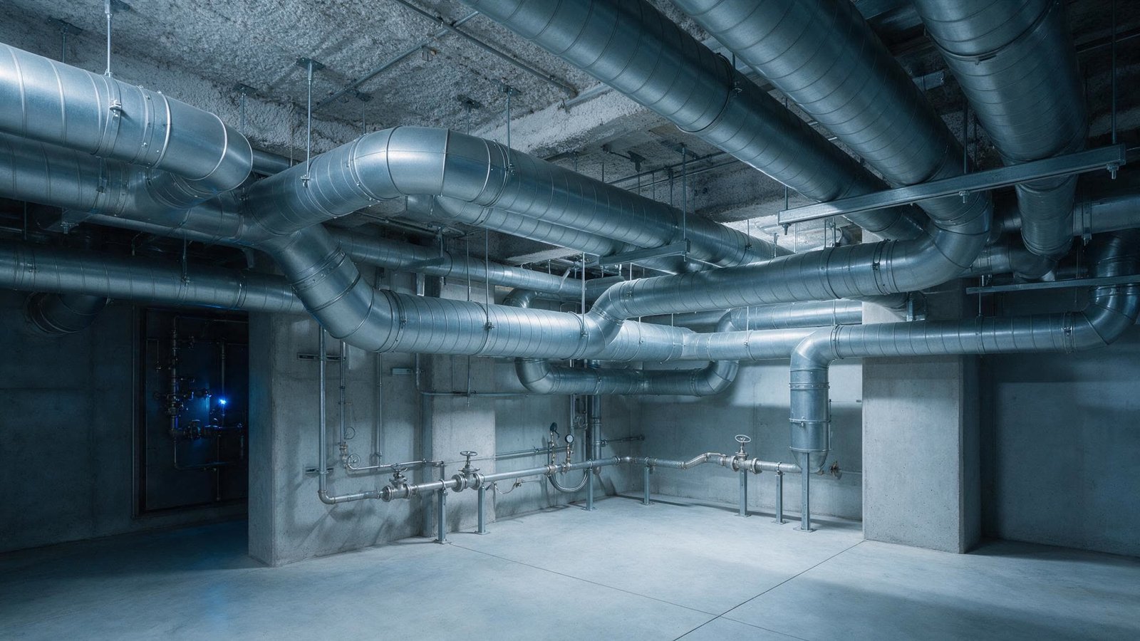Plant room pipework with pressure gauges and valves under cool blue light