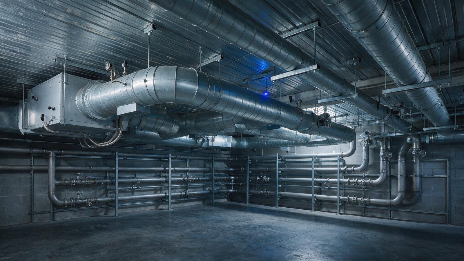 A building services plant room with duct runs overhead