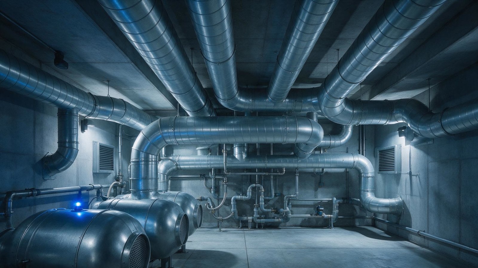 Mechanical plant units and ductwork in a basement plant room under blue light