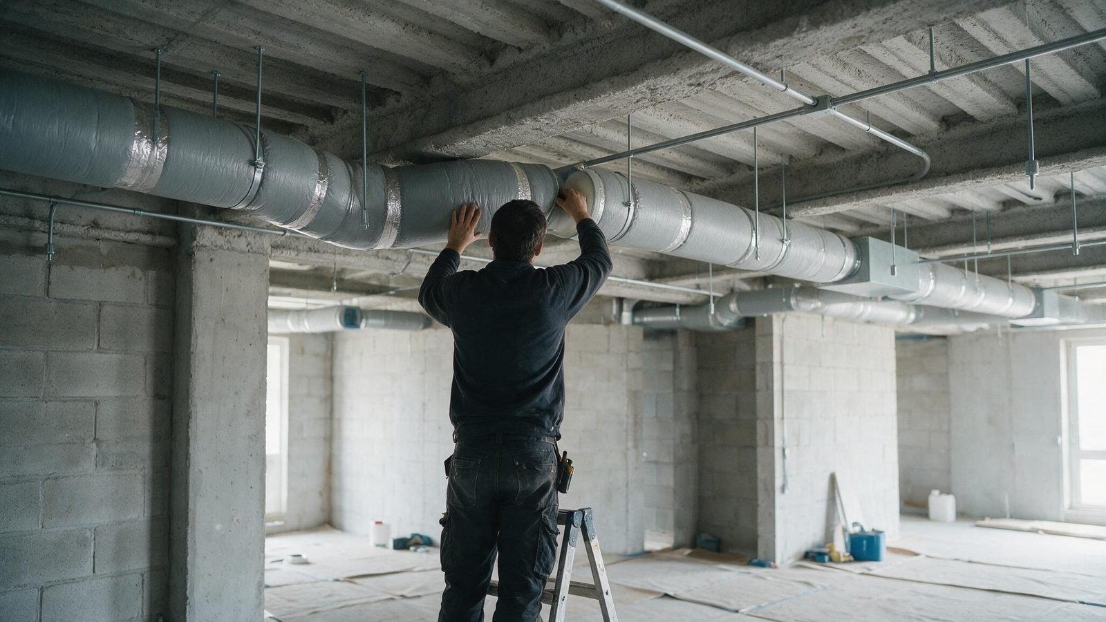 A technician installing insulated ventilation duct in a new-build ceiling